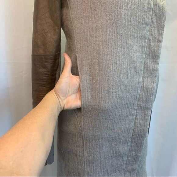 HELMET Lang wool & Lamb Leather brown gray colour block pattern coat Sz XS - Picture 5 of 16